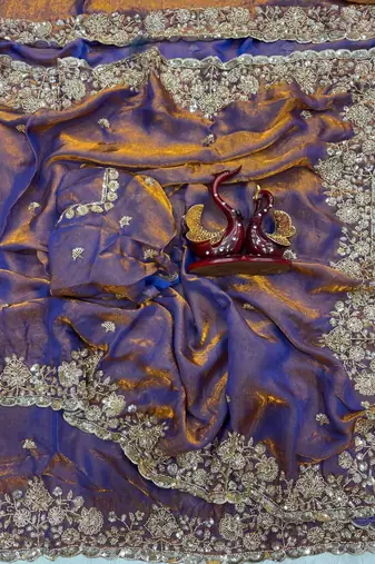 Violet Color Beads And  Sequence Embroidery Work Space Silk Blend Saree