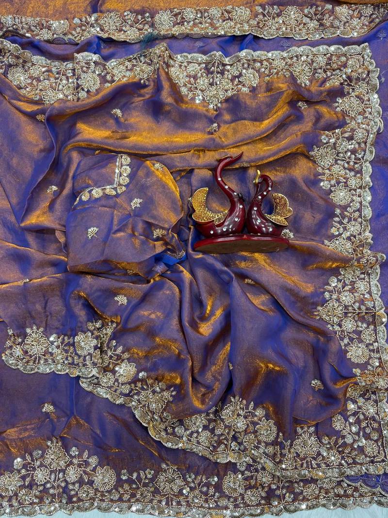 Violet Color Beads And  Sequence Embroidery Work Space Silk Blend Saree