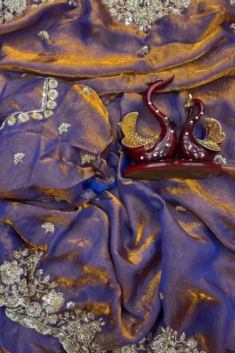 Violet Color Beads And  Sequence Embroidery Work Space Silk Blend Saree