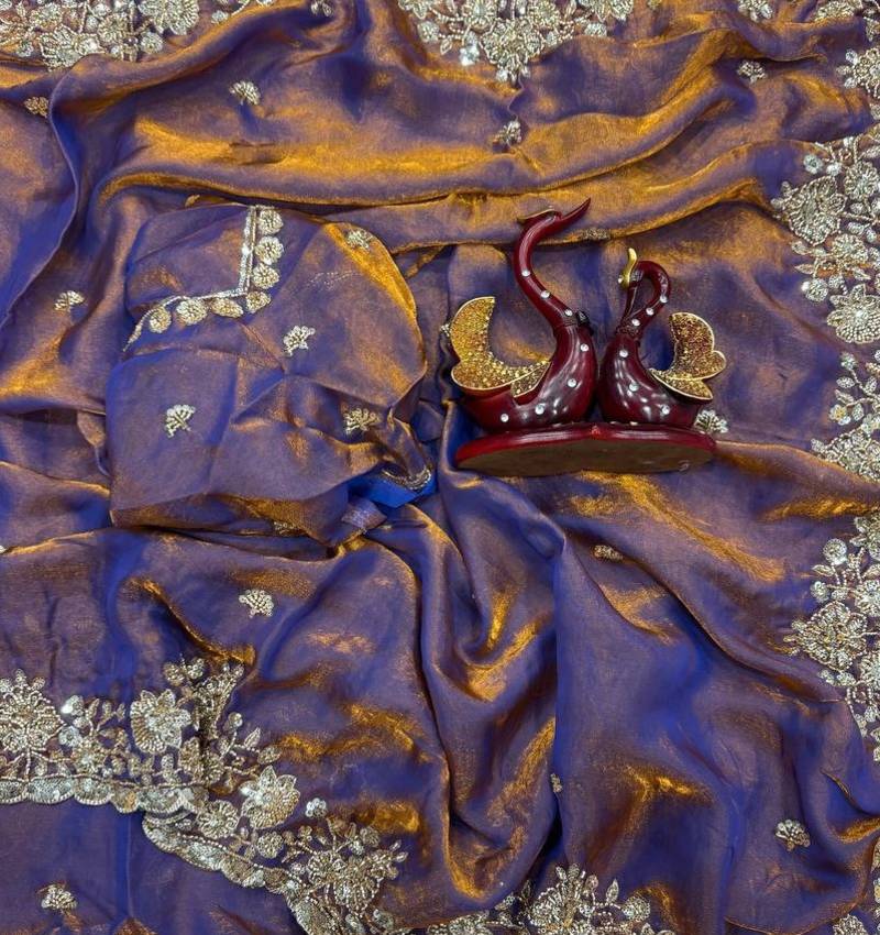 Violet Color Beads And  Sequence Embroidery Work Space Silk Blend Saree