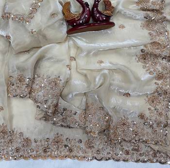 White Color Beads And  Sequence Embroidery Work Space Silk Blend Saree 1