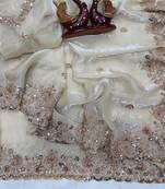 White Color Beads And  Sequence Embroidery Work Space Silk Blend Saree