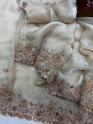 White Color Beads And  Sequence Embroidery Work Space Silk Blend Saree 2