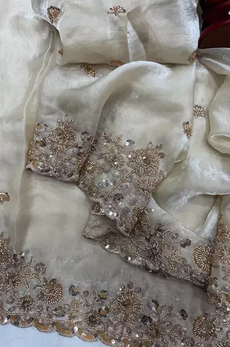 White Color Beads And  Sequence Embroidery Work Space Silk Blend Saree