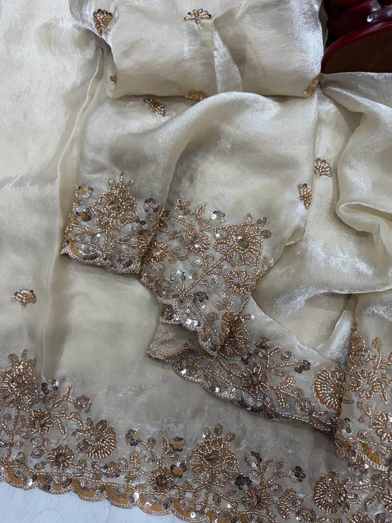 White Color Beads And  Sequence Embroidery Work Space Silk Blend Saree