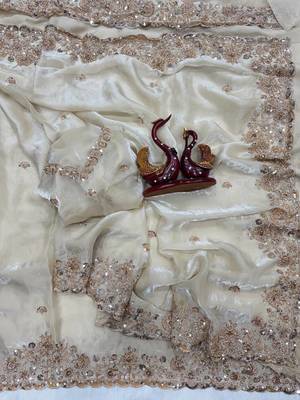 White Color Beads And  Sequence Embroidery Work Space Silk Blend Saree 3