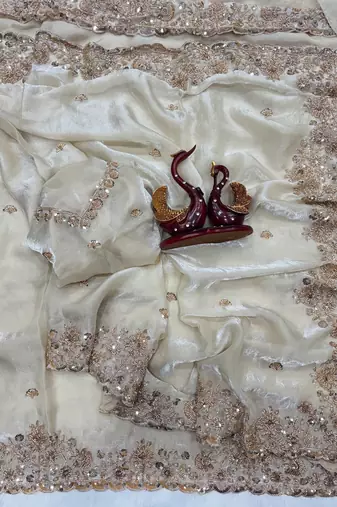 White Color Beads And  Sequence Embroidery Work Space Silk Blend Saree