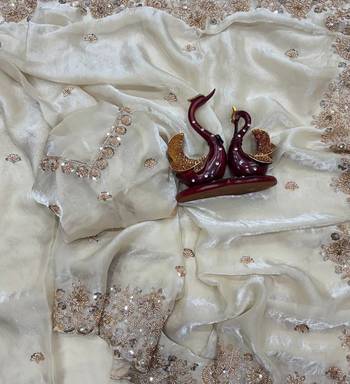 White Color Beads And  Sequence Embroidery Work Space Silk Blend Saree 4