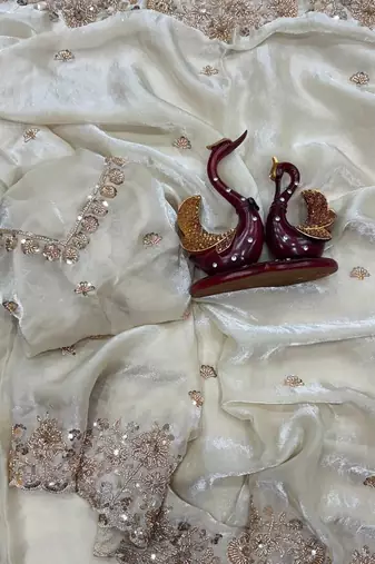 White Color Beads And  Sequence Embroidery Work Space Silk Blend Saree