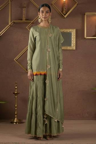 Olive green vichitra silk palazzo set