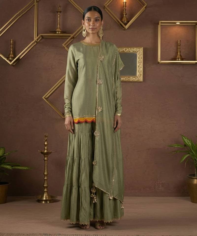 Olive green vichitra silk palazzo set