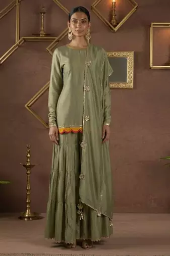 Olive green vichitra silk palazzo set