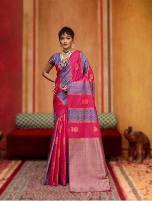 Pink silk blend saree with blouse piece 1