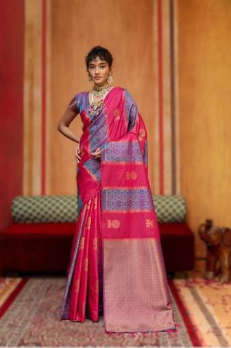 Pink silk blend saree with blouse piece