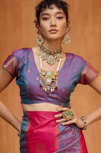 Pink silk blend saree with blouse piece