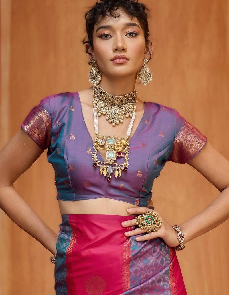 Pink silk blend saree with blouse piece