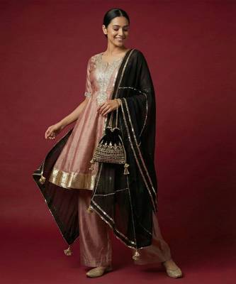 Onion pink vichitra silk kurta set 1