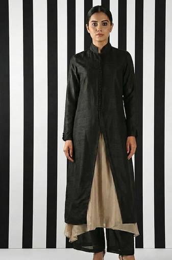 Black & beige vichitra silk jacket set