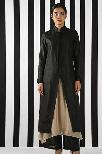 Black & beige vichitra silk jacket set