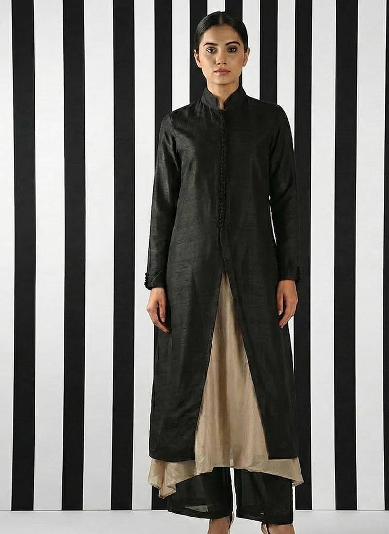 Black & beige vichitra silk jacket set