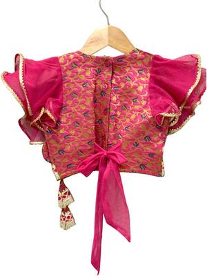 woven brocade half sleeves embellished top with printed lehenga-pink & green 4