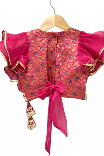 woven brocade half sleeves embellished top with printed lehenga-pink & green