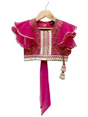 woven brocade half sleeves embellished top with printed lehenga-pink & green 5