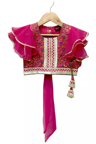 woven brocade half sleeves embellished top with printed lehenga-pink & green