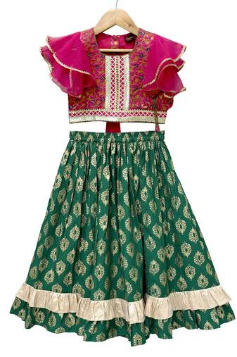 woven brocade half sleeves embellished top with printed lehenga-pink & green