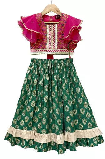 woven brocade half sleeves embellished top with printed lehenga-pink & green