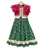 woven brocade half sleeves embellished top with printed lehenga-pink & green
