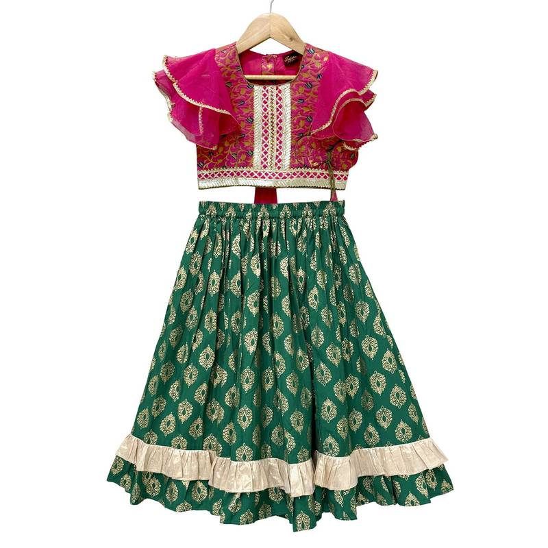 woven brocade half sleeves embellished top with printed lehenga-pink & green