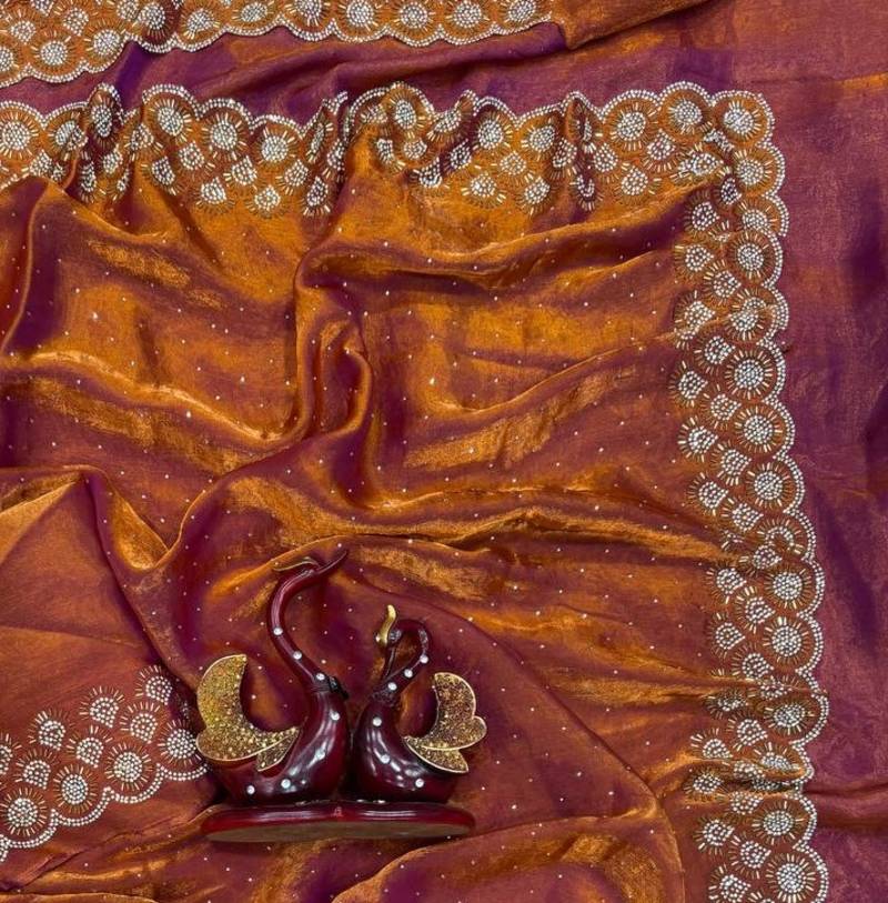 Orange Color Jarkhan Diamond Work Space Silk Saree