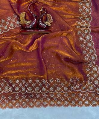 Orange Color Jarkhan Diamond Work Space Silk Saree 2