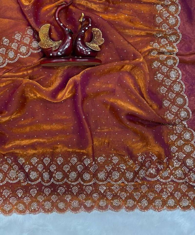Orange Color Jarkhan Diamond Work Space Silk Saree