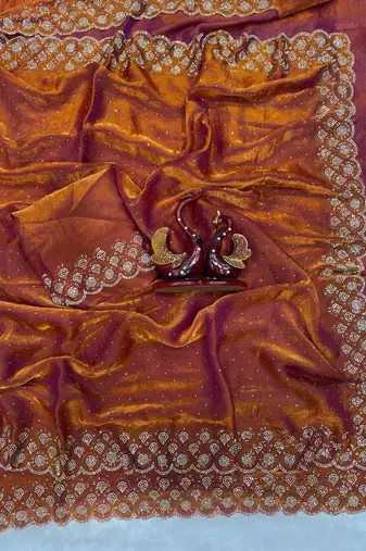 Orange Color Jarkhan Diamond Work Space Silk Saree