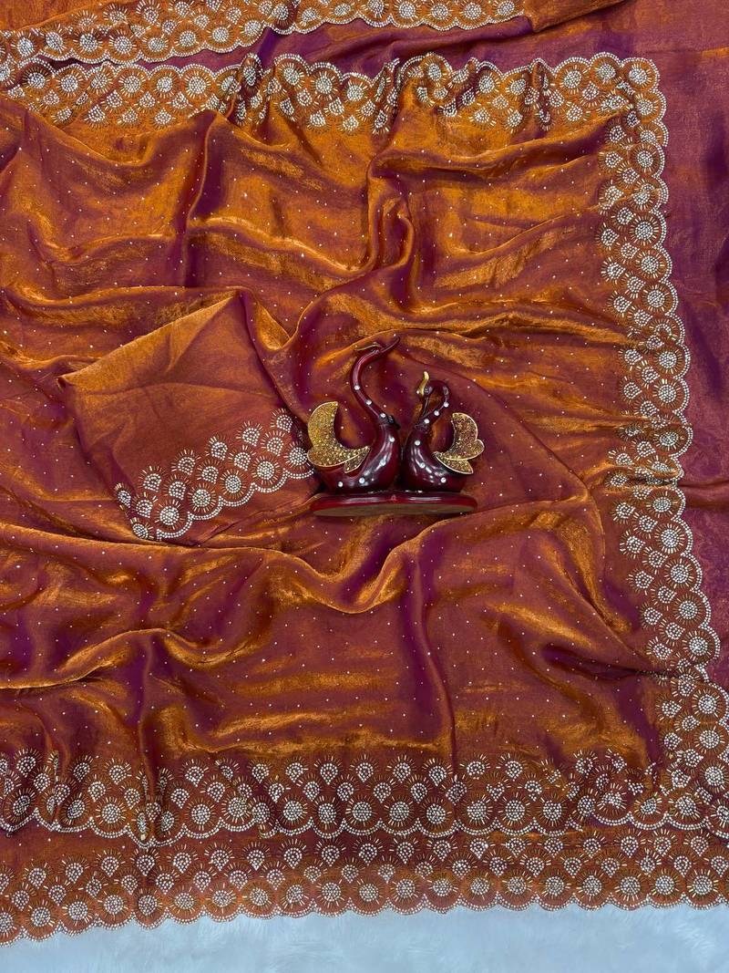 Orange Color Jarkhan Diamond Work Space Silk Saree