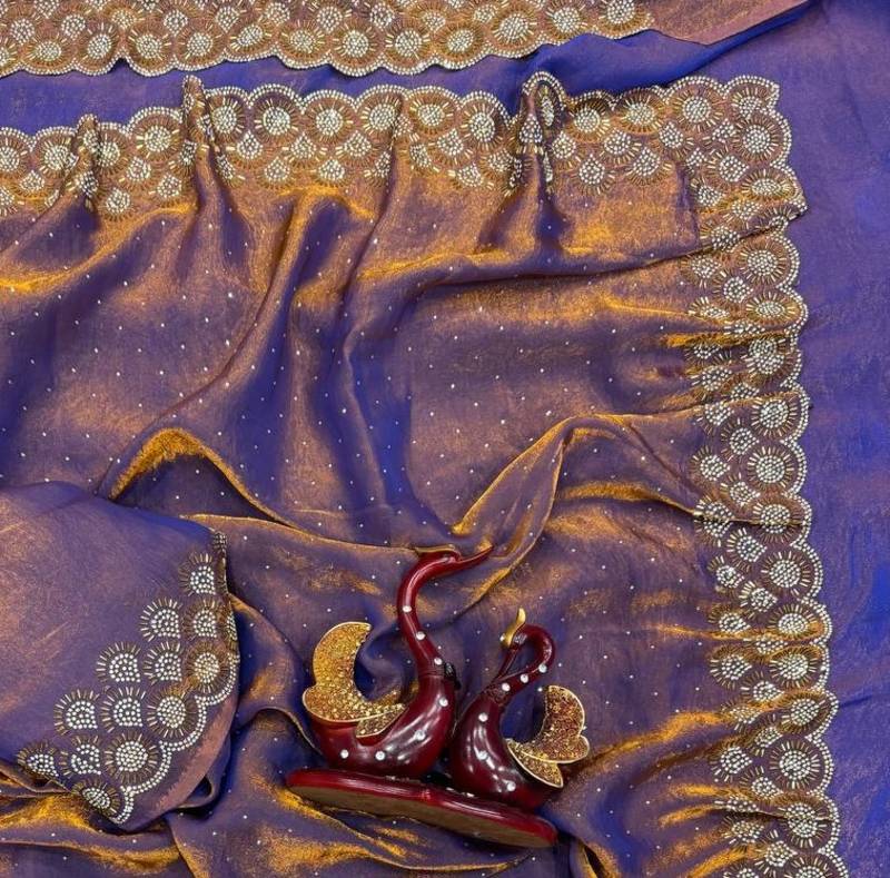 Violet Color Jarkhan Diamond Work Space Silk Blend Saree