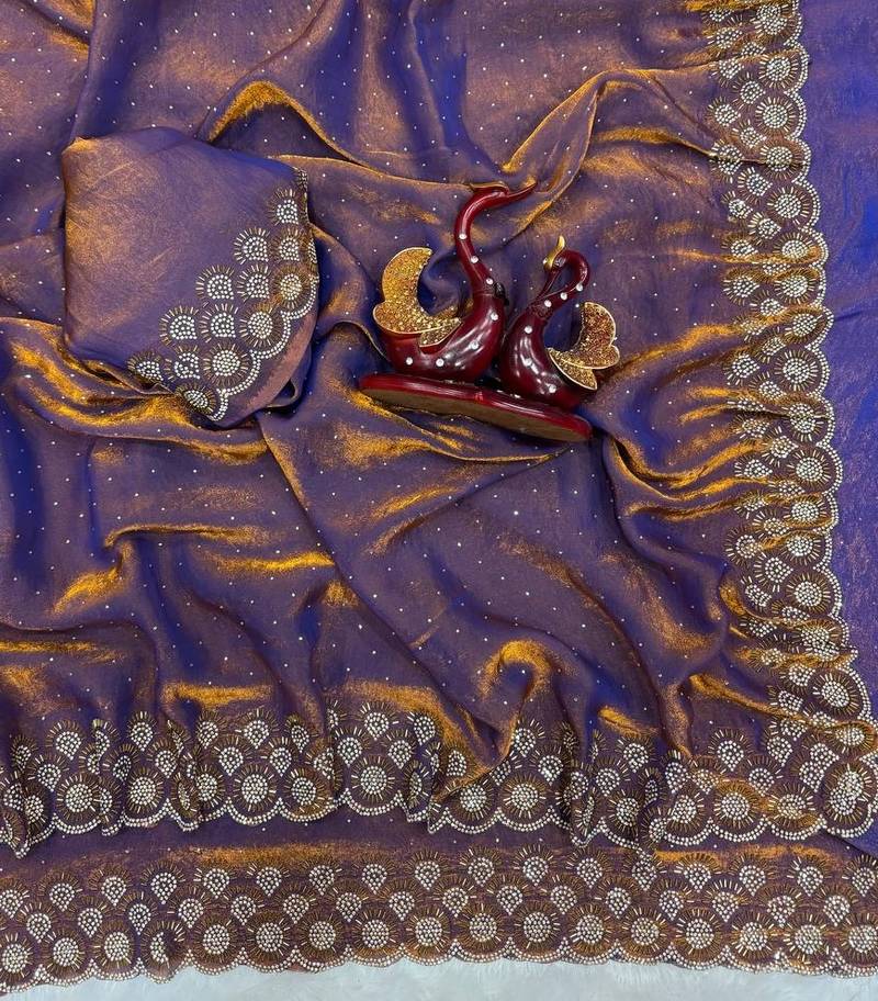Violet Color Jarkhan Diamond Work Space Silk Blend Saree