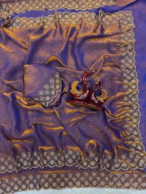 Violet Color Jarkhan Diamond Work Space Silk Blend Saree 3