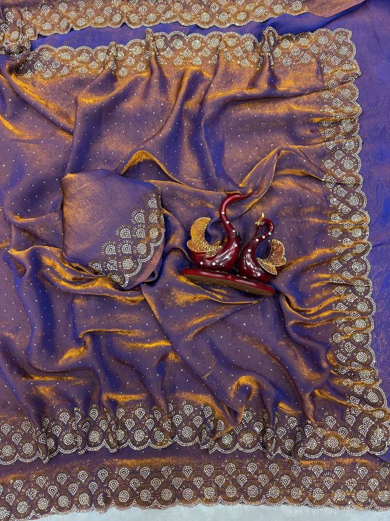 Violet Color Jarkhan Diamond Work Space Silk Blend Saree