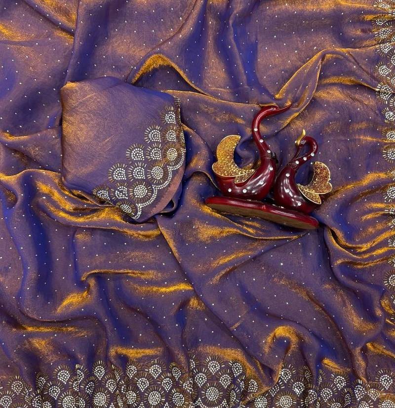 Violet Color Jarkhan Diamond Work Space Silk Blend Saree