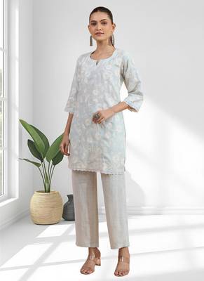 Powder blue linen short kurta with pant for women's 1