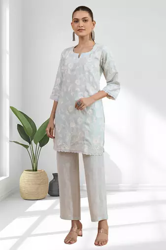 Powder blue linen short kurta with pant for women's