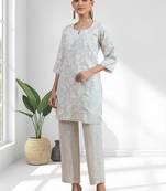 Powder blue linen short kurta with pant for women's