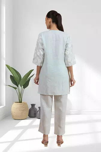 Powder blue linen short kurta with pant for women's