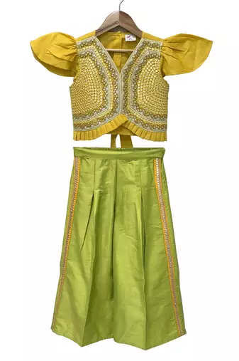 woven half sleeves embellished top with palazzo-yellow & limegreen