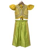 woven half sleeves embellished top with palazzo-yellow & limegreen