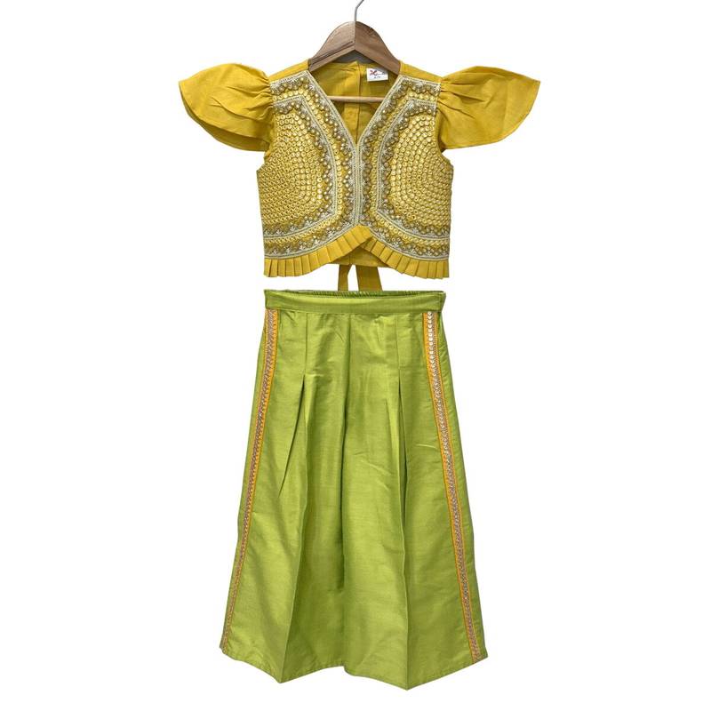 woven half sleeves embellished top with palazzo-yellow & limegreen