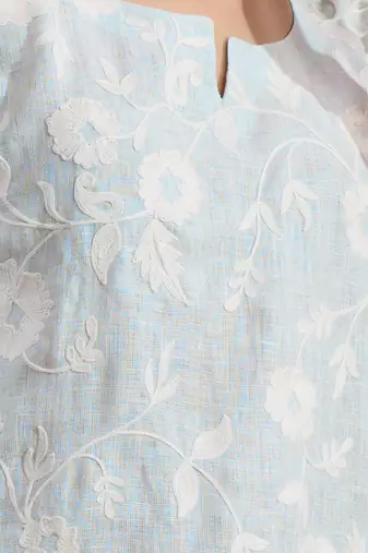 Powder blue linen short kurta with pant for women's